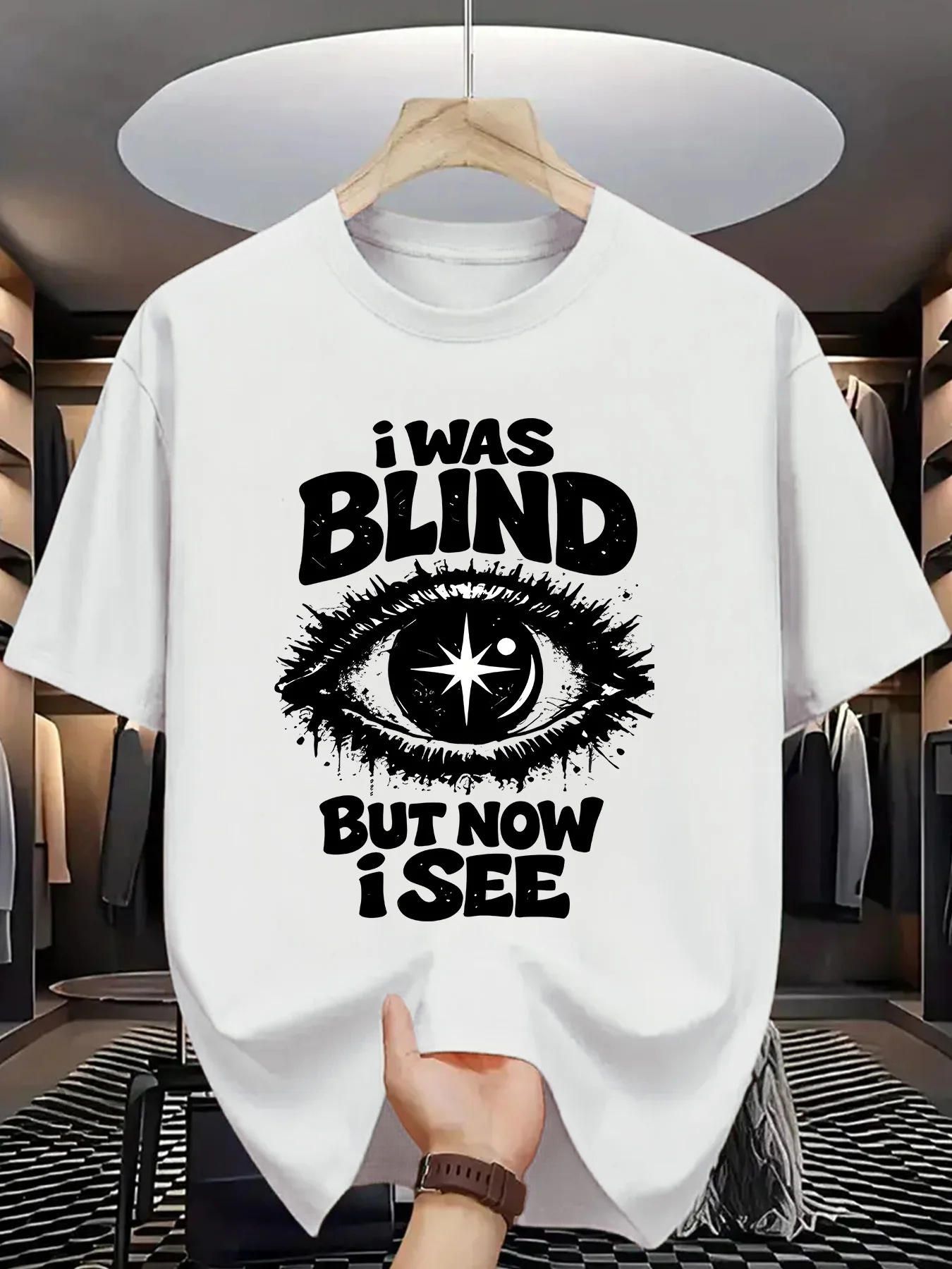 Faith Slogan Men Short Sleeve Tshirt Vintage Eye Star I Was Blind But Now I See Text O Neck Tee Inspirational Male Casual Tops