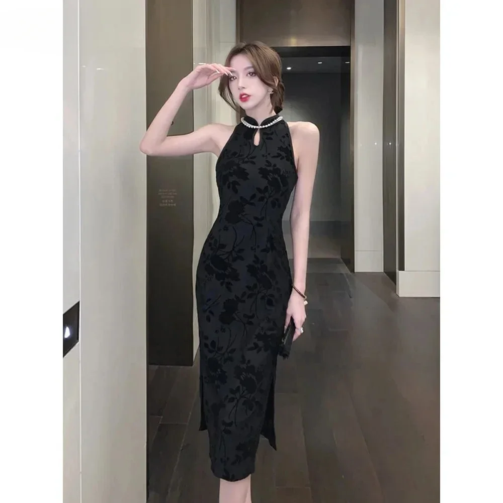 Huge Thin Light Mature Dress Hepburn Flocking Senior Qipao Cheongsam Elegant Summer Long Slim Sleeveless Little Black Dress