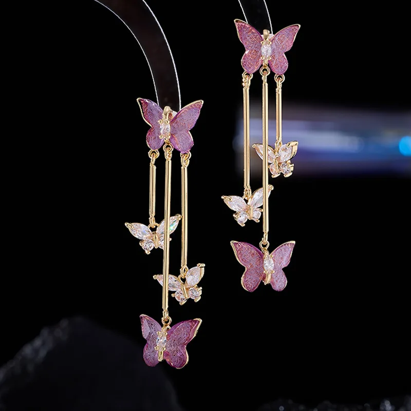 

Purple Butterfly Earrings for Women Sweet Cute Jewelry Long Tassel Earrings Party