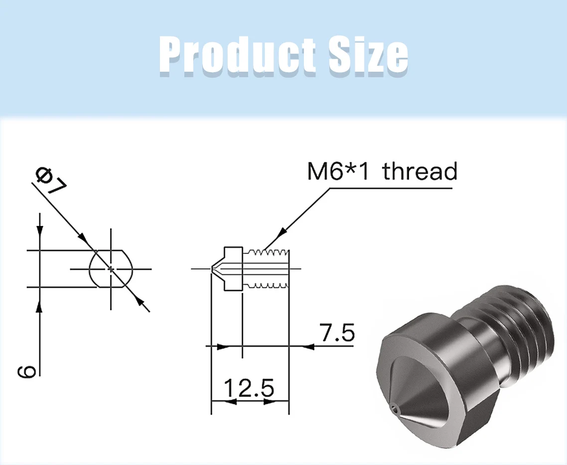 V6 Düse aus gehärtetem Stahl 0,2/0,4/0,6/0,8/1mm 1,75mm Filament M6 3D-Drucker-Düse für Ender 3 Hotend Titan Extruder Prusa I3 MK3 – Detail 3
