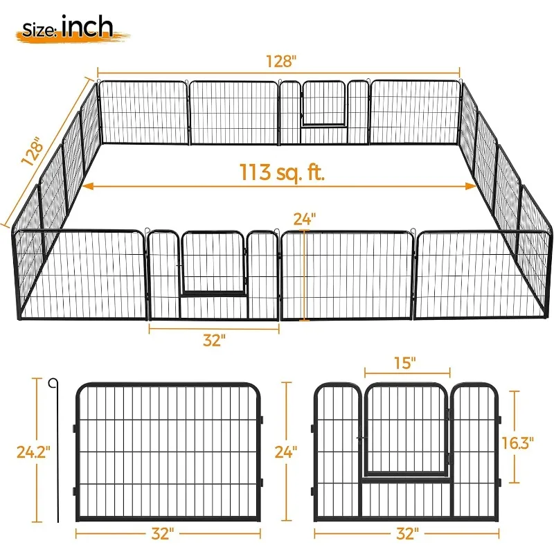 24-inch Foldable Dog Pen Metal Pet Playpen Puppy Cat Exercise Fence Barrier Playpen Kennel Outdoor Indoor Black 16 Panels