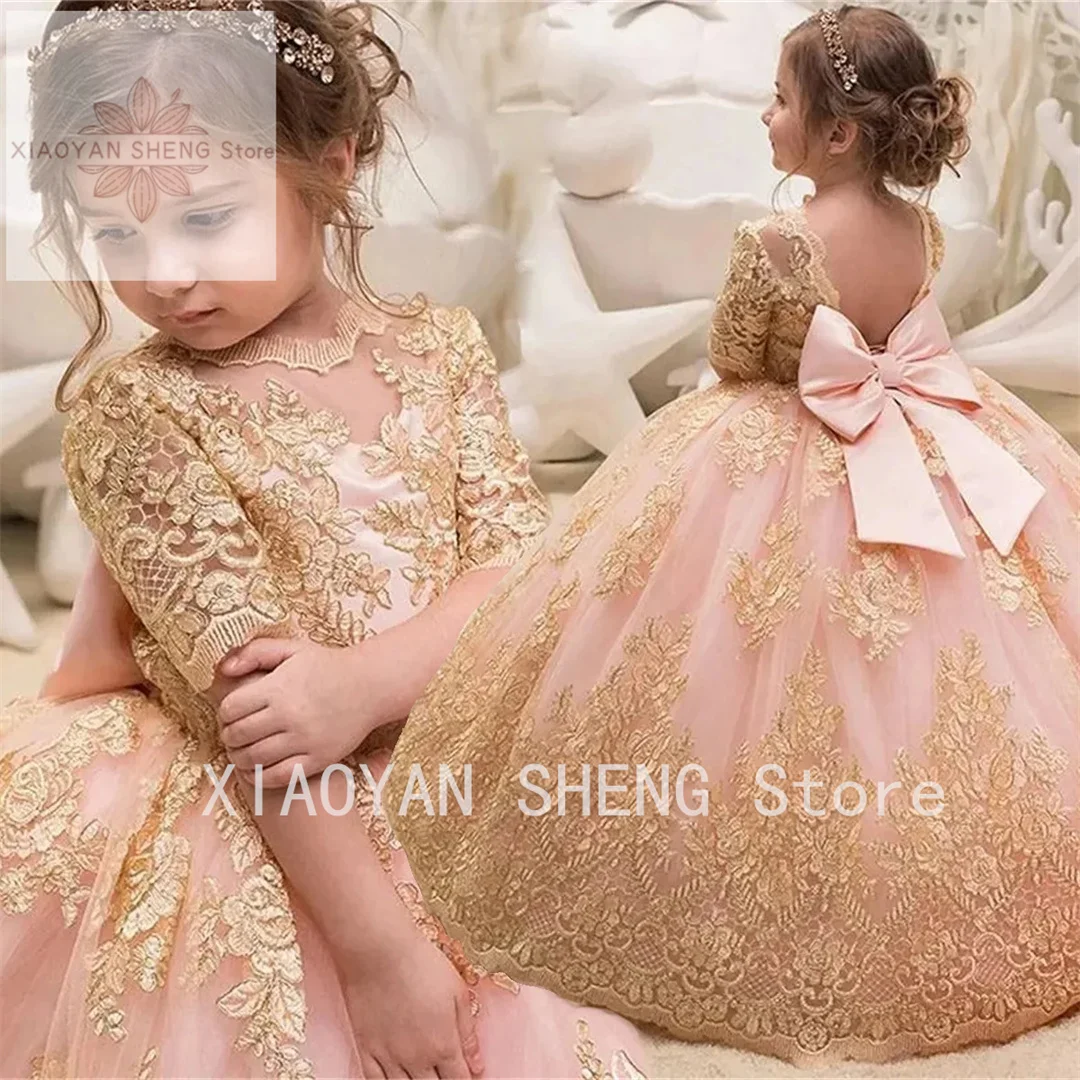 

Princess Pageant Dresses With Satin Bow Gold Lace Appliques Flower Girl Dress Half Sleeves Open Back Wedding Party Gowns