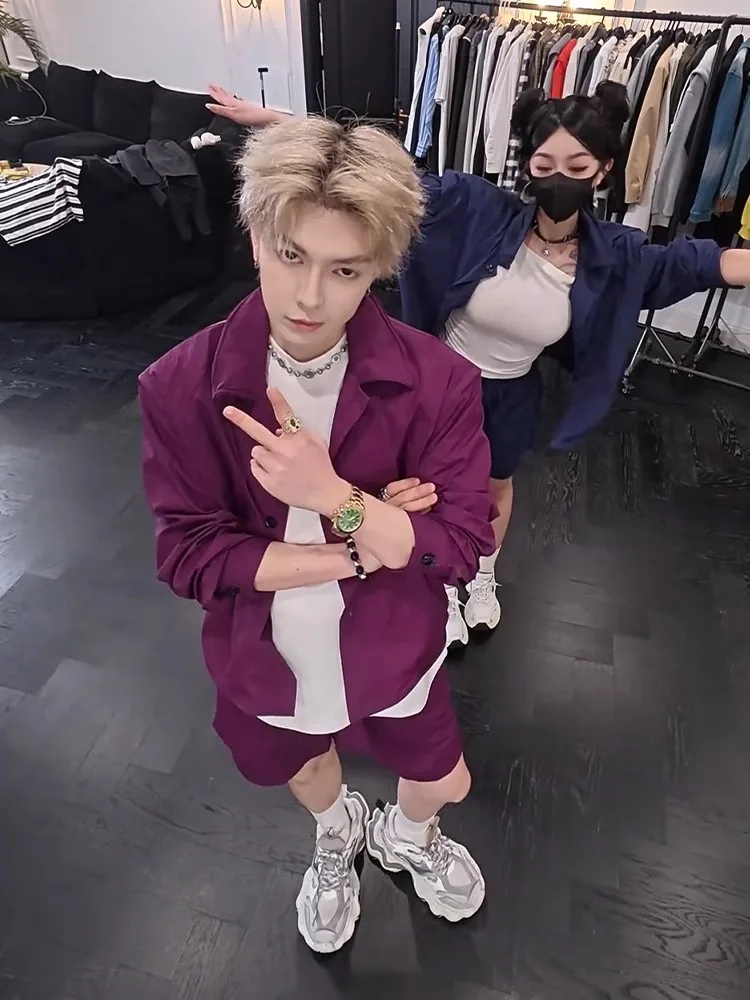 

Lightweight Purple ort Sve Ice Silk irt Qui Dry Spor Casual Set for Men And Women Summer Faionable Ensemble