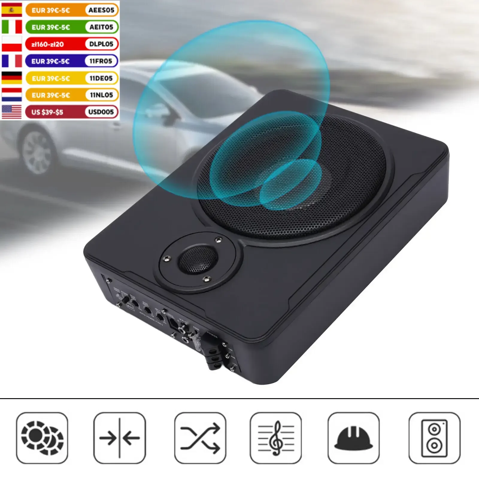 600W Slim Under-Seat Powered Car Subwoofer Audio Amplifier Powered Car Speakers Truck Sub w/ Amp Kit Speaker 8