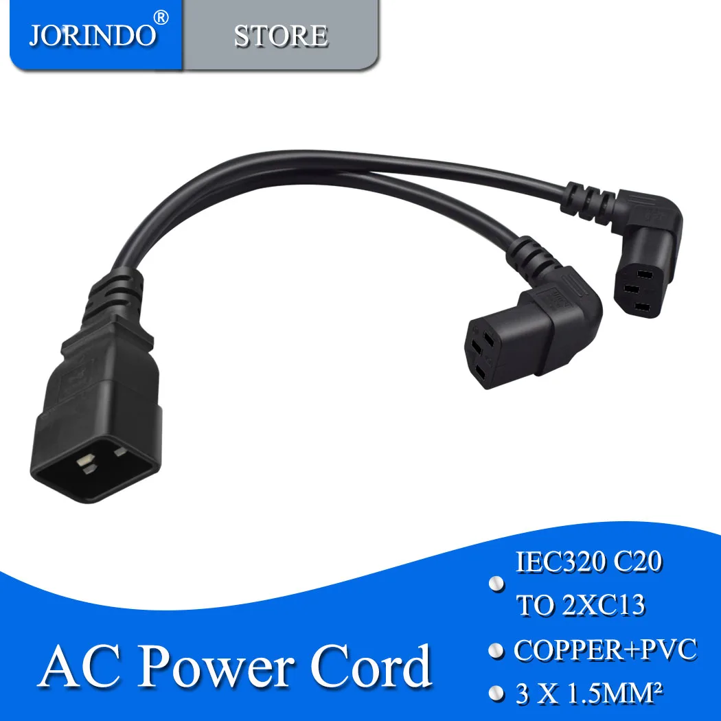 Jorinдо, IEC320 C20 до C13 AC кабель преобразования мощности, PDU/UPS C20 штепсельная Вилка для doule C13 90 ° дизайн с изгибом вверх, 0,3 м