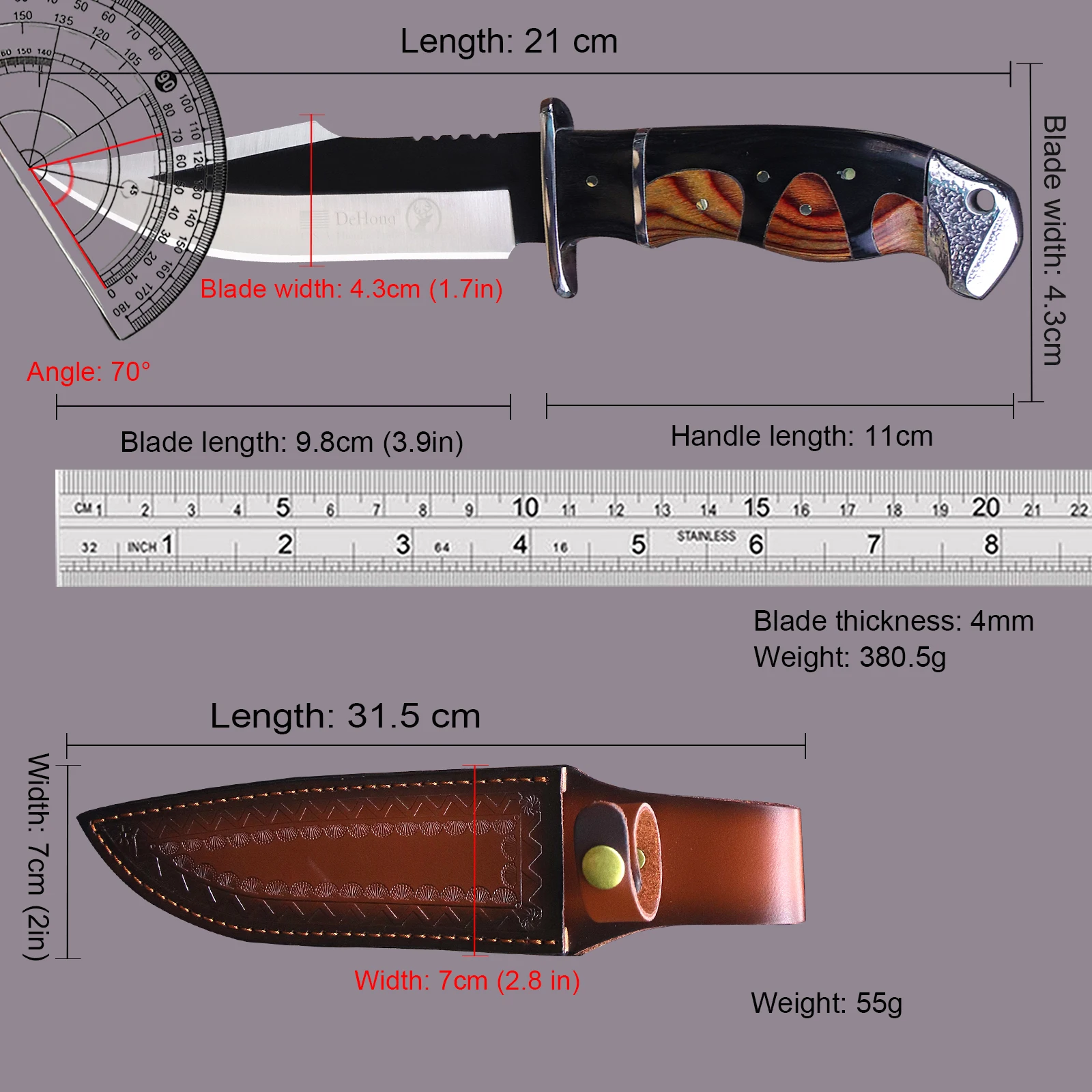 High End Hunting Faca reta e bainha, Selva Resgate Survival Knife, Faca de acampamento ao ar livre, EUA 440C