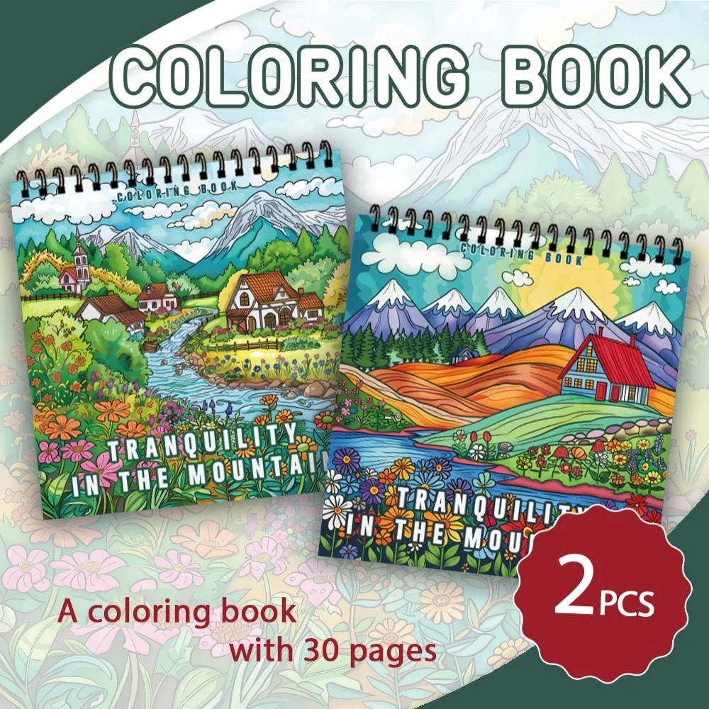 2pcs Illustrated Landscape Coloring Book Set,Healing Stress Relief,30 Unique Designs,8.3 X 8.3 Inches,Spiral Bound,Perfect Gift