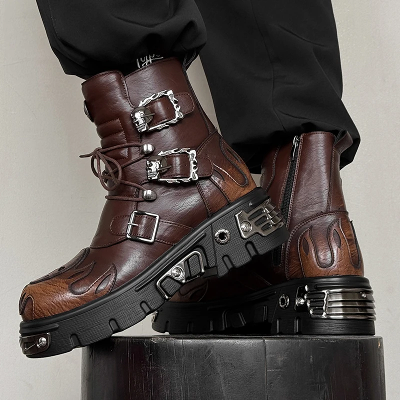 الرجعية الرجال تشيلسي الأحذية الفضة البني الرجال سميكة سوليد الارتفاع زيادة المضادة للانزلاق مصمم أزياء العلامة التجارية في الهواء الطلق دراجة نارية الأحذية