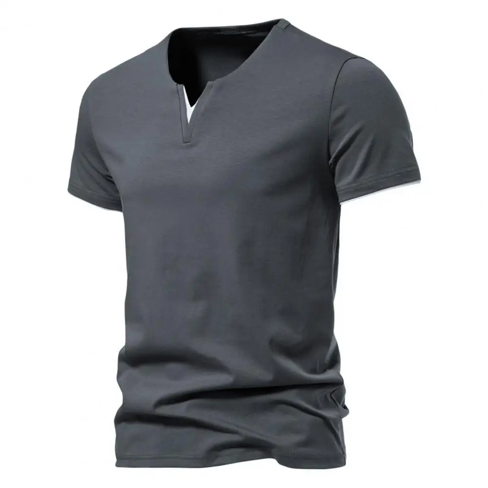 Men Cotton Blend Top Lightweight Stretchy Men Shirt Men\'s V Neck Summer T-shirt with Short Sleeves Elastic Fake Two-piece Design