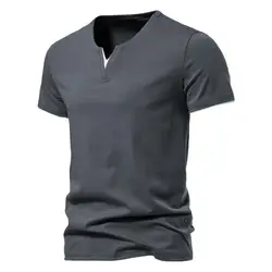 Men Cotton Blend Top Lightweight Stretchy Men Shirt Men's V Neck Summer T-shirt with Short Sleeves Elastic Fake Two-piece Design