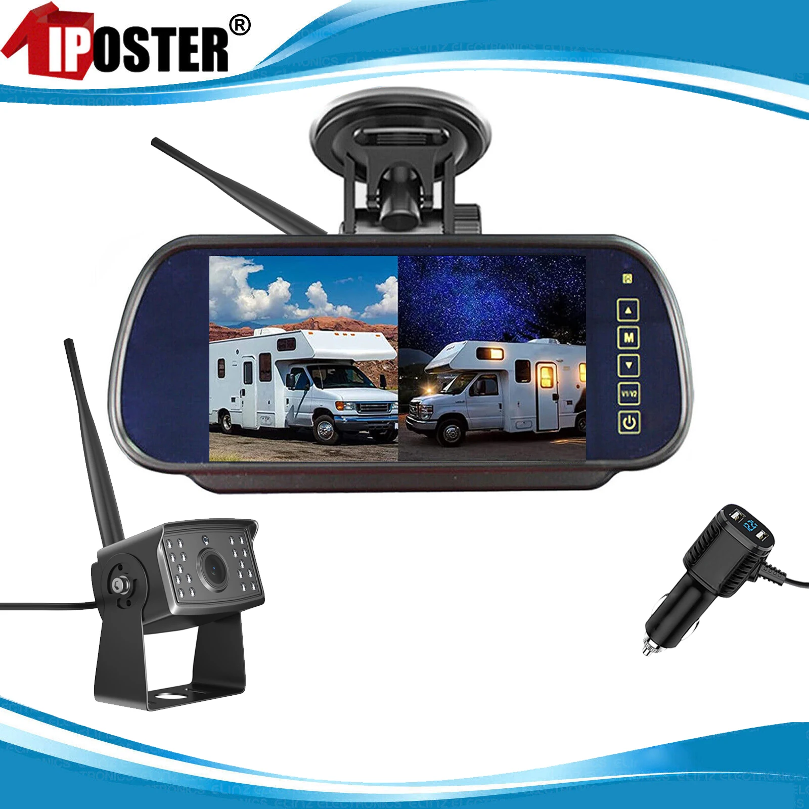 

iPoster-Wireless Reverse Backup Camera, 7" DVR Mirror Monitor, Dual USB Voltage Display Charger, 1080P Night Vision For Rv Truck