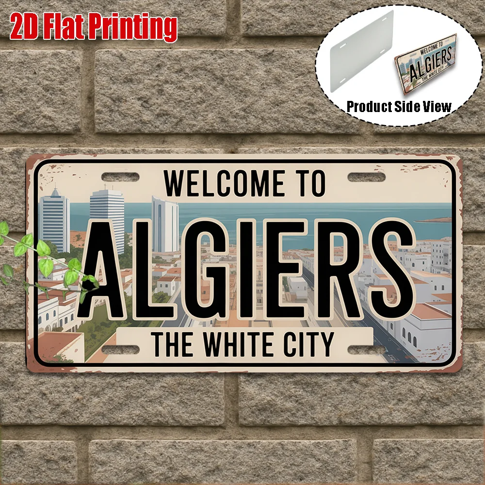 2D Flat,1pc, Vintage Metal Sign, Only for Decoration, Outdoor Wall Art , Welcome to Algiers Sign, The White City Decor