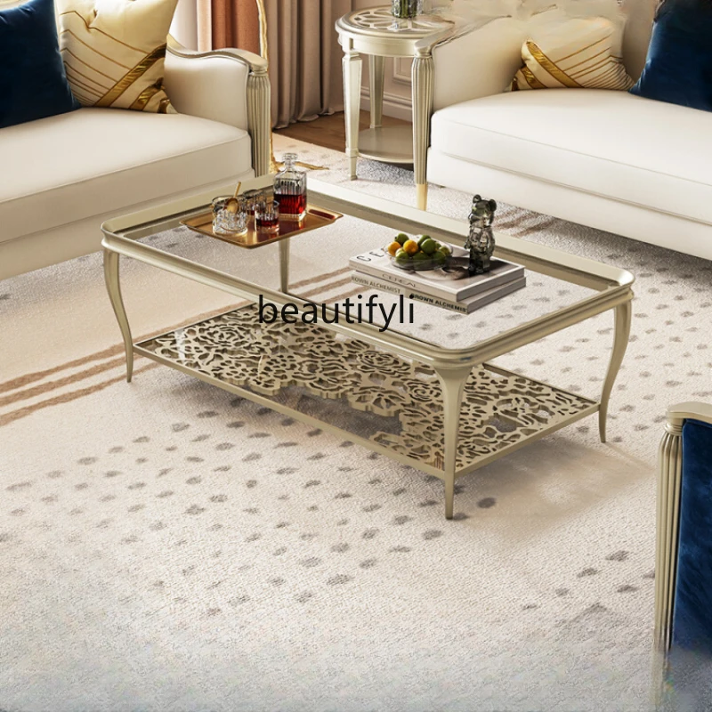 

American Light Luxury Rectangular Solid Wood Tea Table Cream Style Creative Hollow Glass Tea Table Tea Table