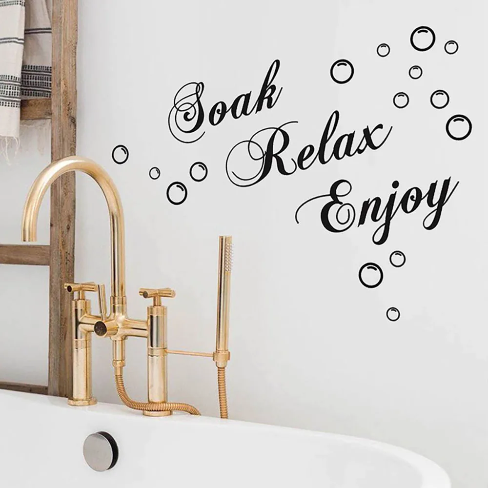 `Soak Relax Enjoy Quote Wall Sticker Black Script Bubbles Vinyl Decal For Bathroom Bathtub Shower Wall Art Mural Home Decor`
