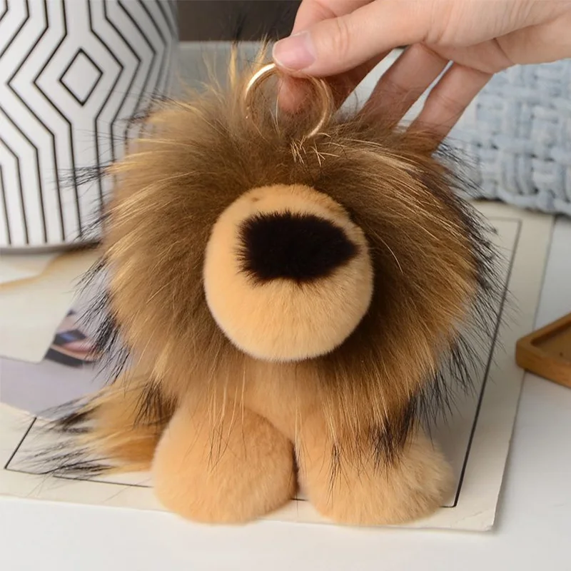 

Plush Keychain For Women Soft Rex Rabbit Fur Keychain Little Lion Fur Keyring Bag Charms Phone Pendant Car Key Chain Couple Gift