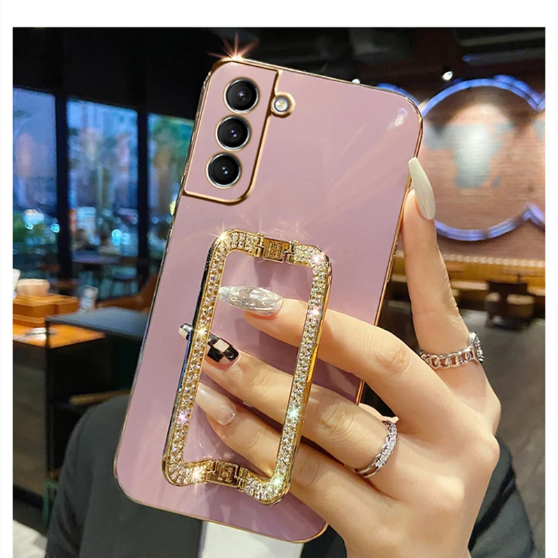 Luxury Rhinestone Metal Holder Wrist Bracket Plating Case For Samsung Galaxy S23 S22 Ultra S21 FE Plus S20 A53 A22 A50 Cover