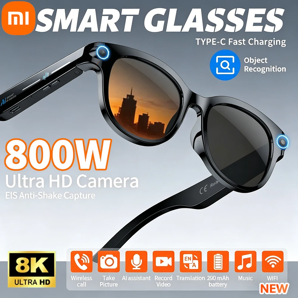 Gafas Inteligentes 2026 con Cámara de 800W, Grabación de Video, Reconocimiento de Fotos por IA, Llamadas Bluetooth, Traducción de Voz y Función de Gafas de Sol
