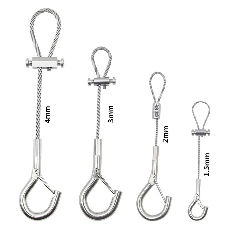 

2pcs 1-4mm Wire Rope Snap Hooks Hanging Picture Locking Threader Adjustable 304 Stainless Steel Wire Rope Locking Buckle