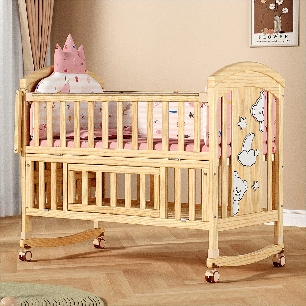 New 2023 Solid Wood Baby Crib Adjustable Wheels Comfortable Baby Cradle Beds For Newborn