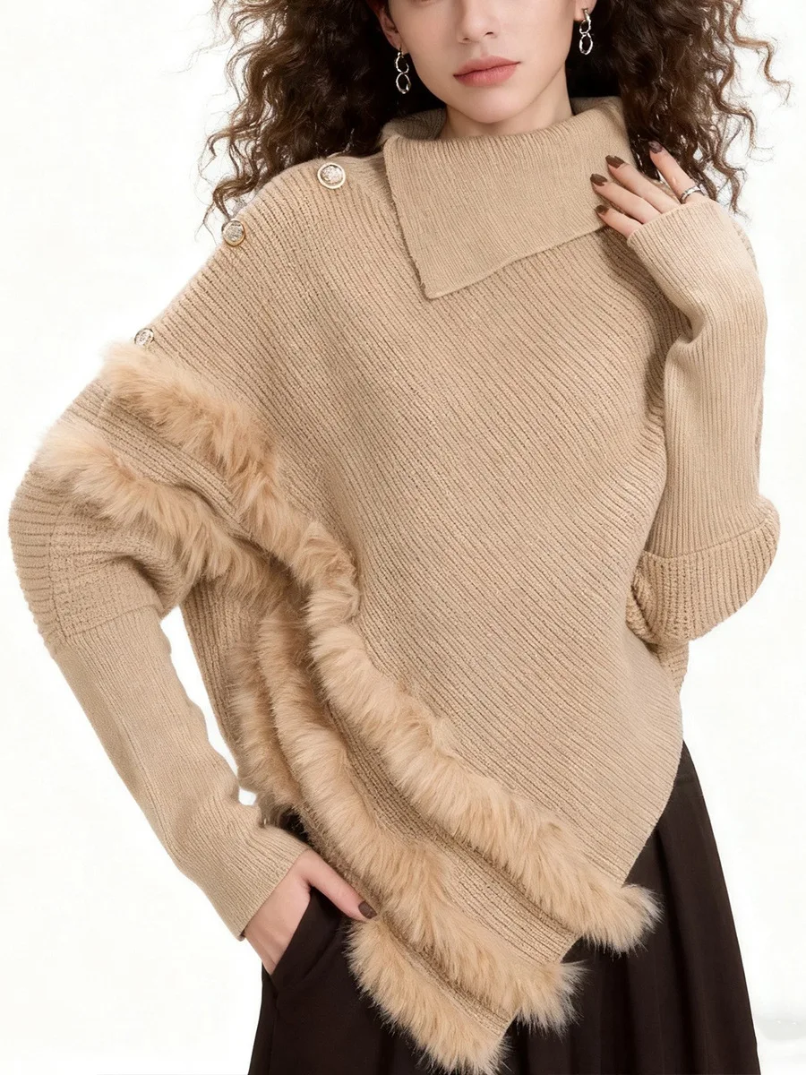 

Irregular Semi High Neck Pullover Sweater for Women's 2025 Autumn and Winter New Style Temperament Knitted Sweater