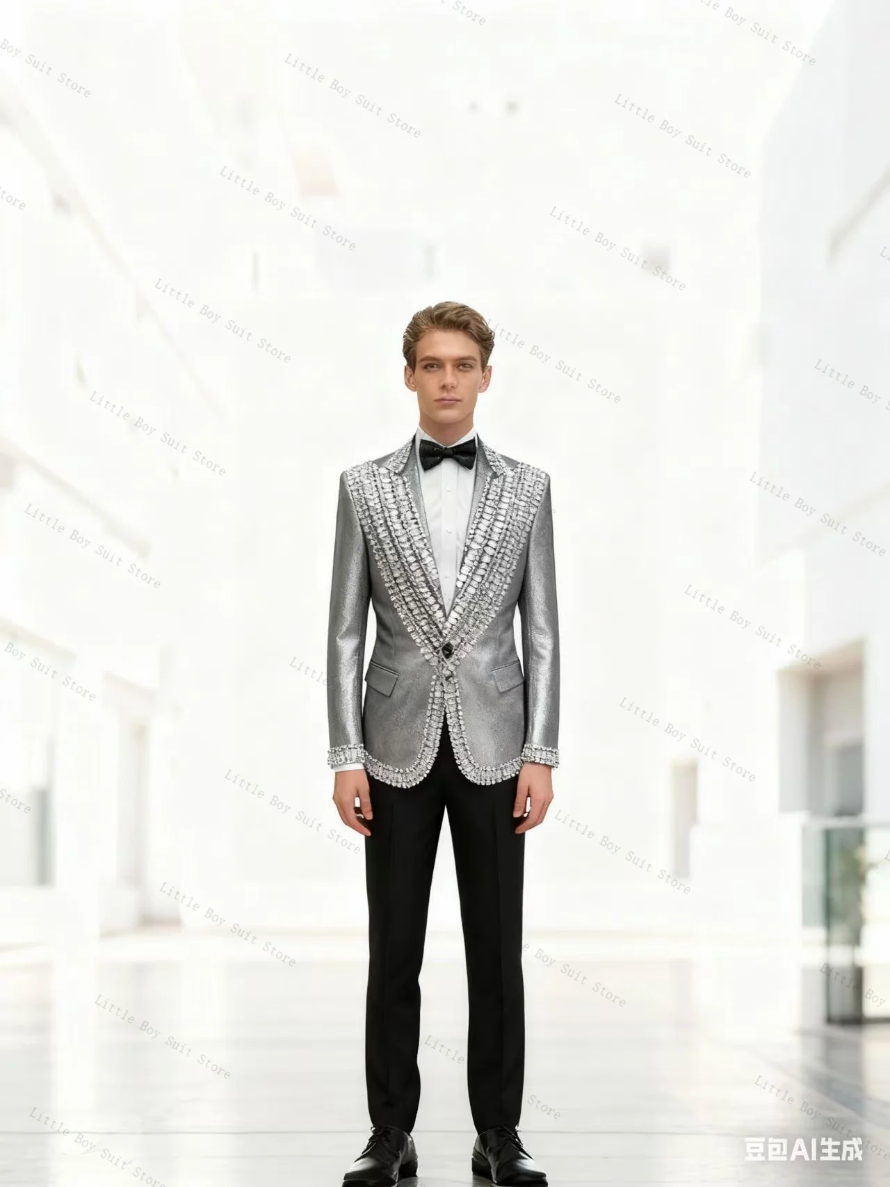 

Silver Crystals Men Suit Set 2 Piece Wedding Tuxedo Jacquard Jacket Blazer Pant Black Cotton Formal Office Party Coat Customized