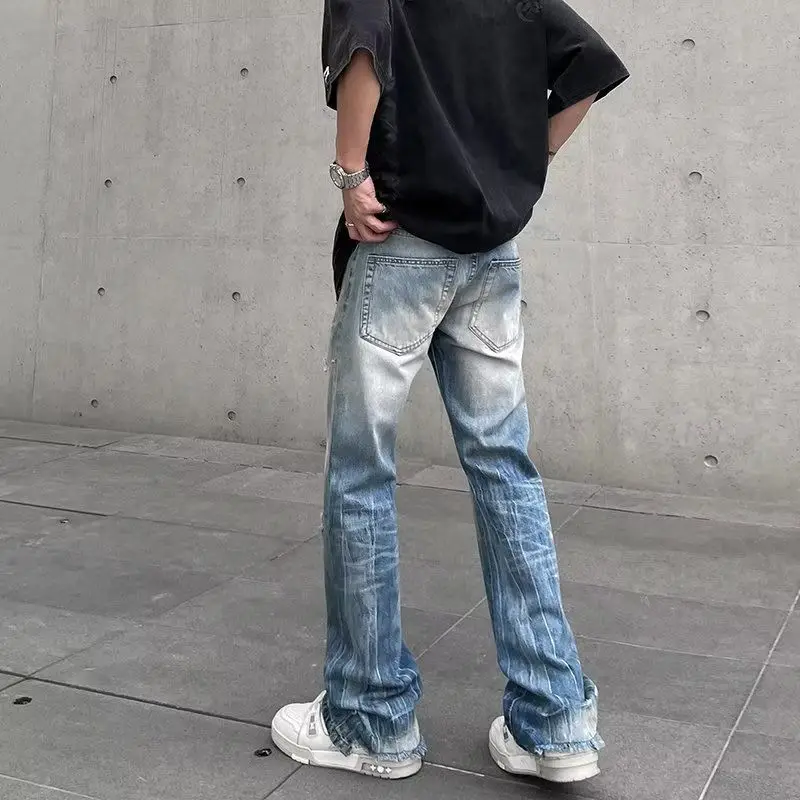 American style high street washed distressed jeans for men's hip-hop straight leg micro flared pants cargo pants men jeans