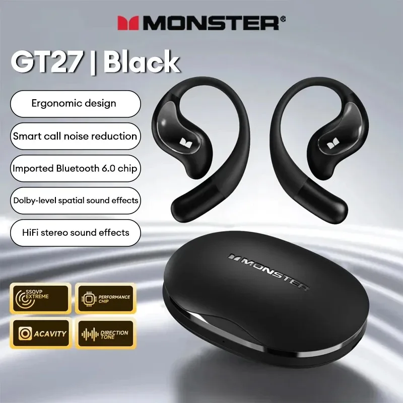 Fones de Ouvido Monster GT27 OWS Bluetooth 6.0 - Fones de Ouvido Esportivos Abertos - Fones de Ouvido Sem Fio - Fones de Ouvido para Jogos com Baixa Latência