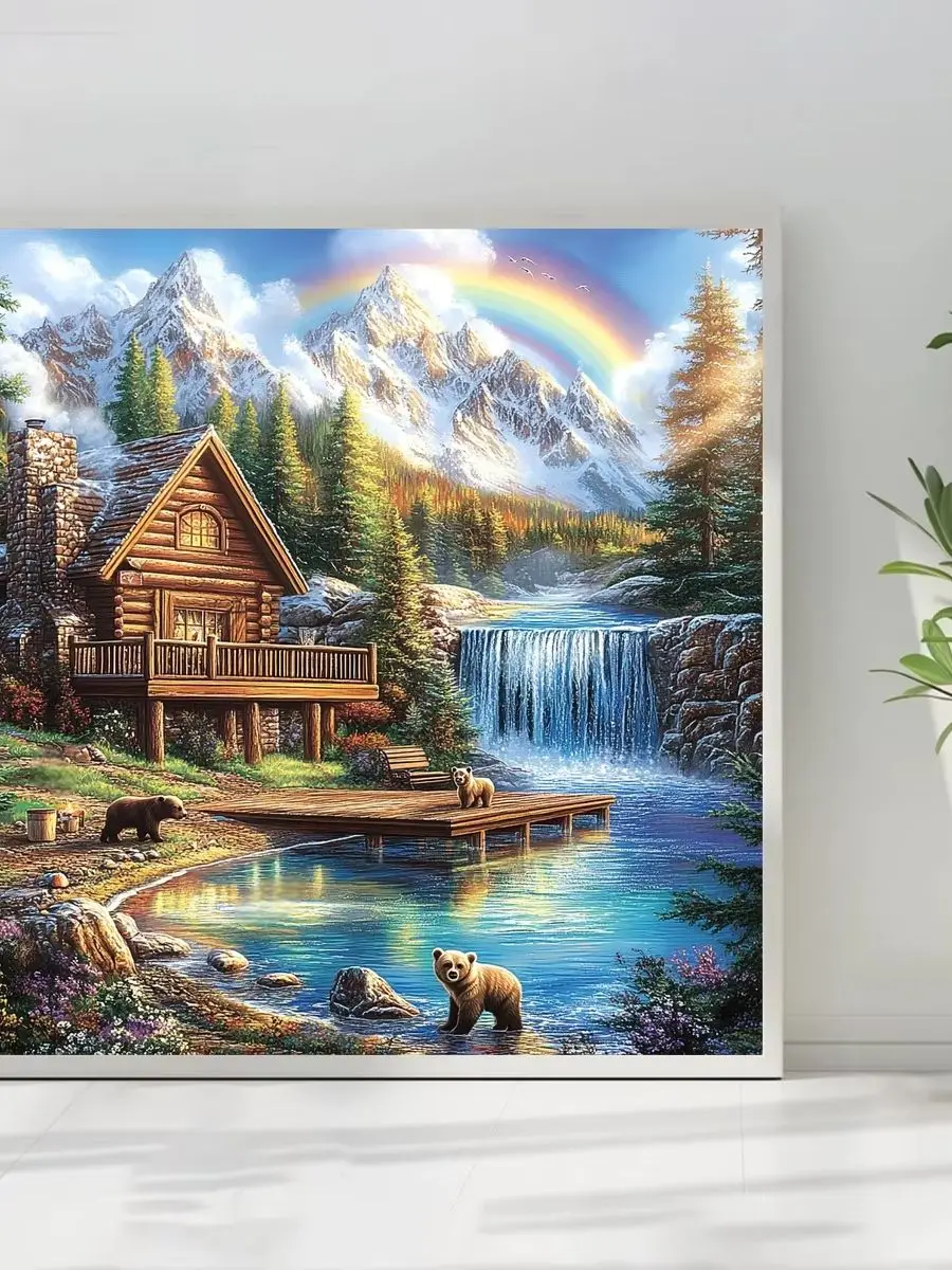 1 Stück 50x50cm/19,69 Zoll, 11Ct/14Ct Kreuzstich-Set, DIY Valentinstagsgeschenk, Stickerei-Set für Festivals, Berghütte, Wasserfall, Strand – Detail 1