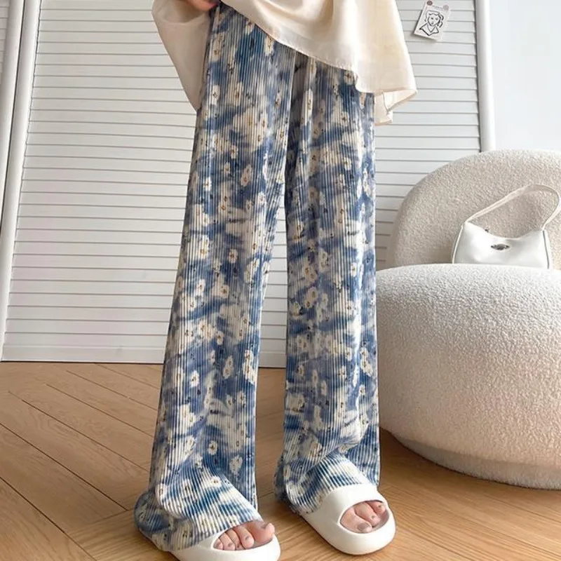 

Women's 2024 Summer New Sweet Loose Printing Tie Dye Wide Leg Pants Elasticized High-waist Ruched Straight Casual Trousers