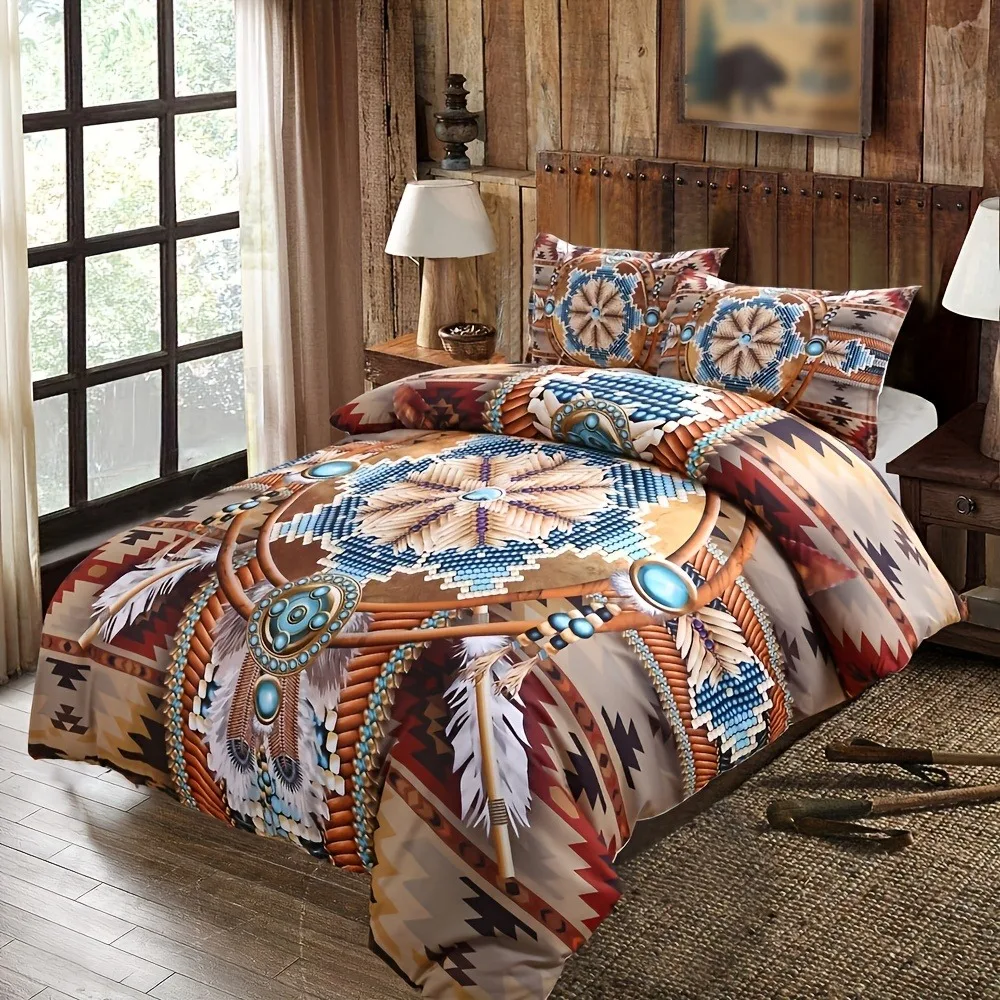 Western Bead Print Bedding Set Soft Comfortable Duvet Cover For Bedroom Guest Room (1*Duvet Cover + 2*Pillowcase, Without Core)