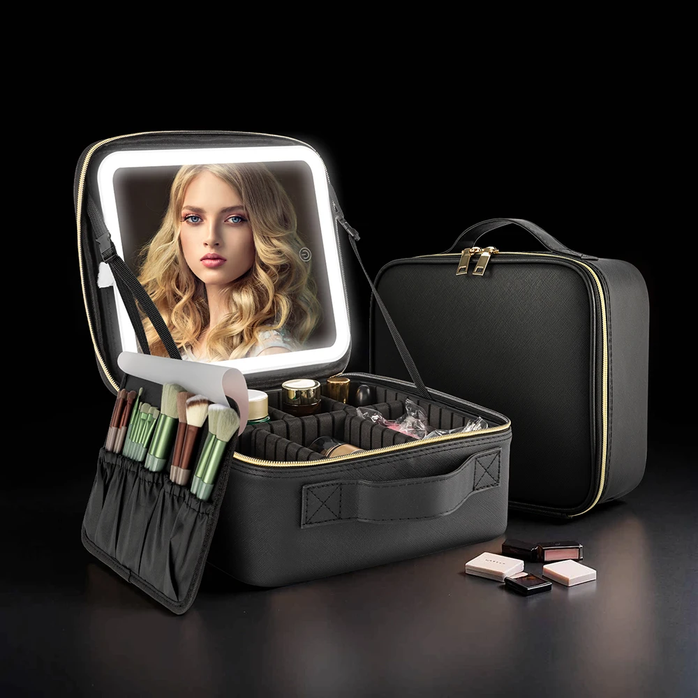 Missmeeca Make-up-Tasche mit LED-Spiegel und Reise-Make-up-Etui, Kosmetik-Organizer und separate Aufbewahrungstasche für Make-up-Pinselplatten