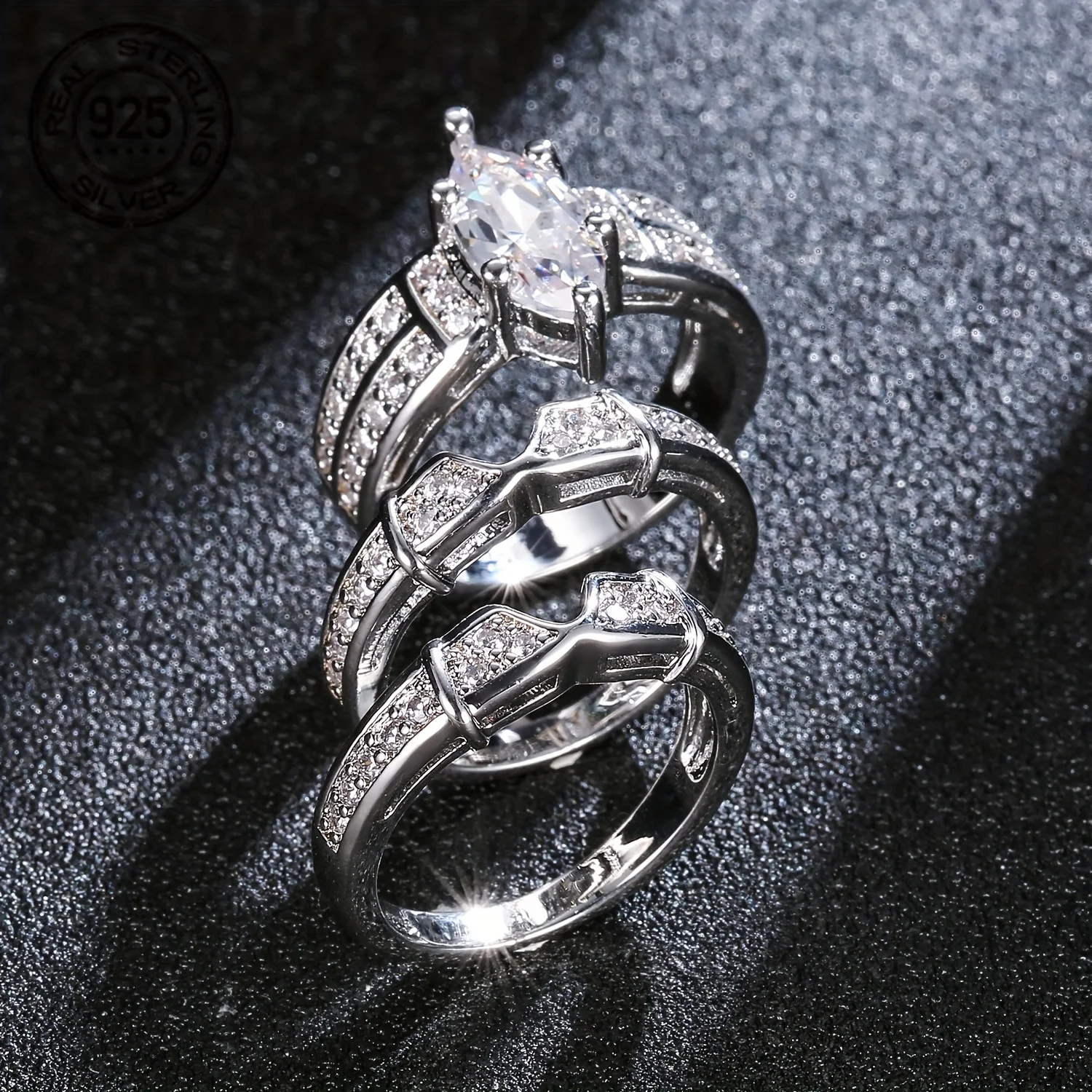 3 قطعة/المجموعة الأزياء الفاخرة 925 فضة تكويم هندسية الزفاف العروس خواتم مجموعة غرامة مجوهرات #3