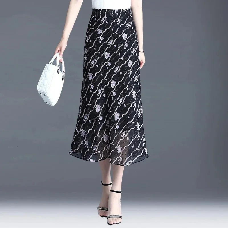Pop Pop Spring Summer New Midi Chiffon Skirt Women High Waist A-line Wrapped Hip Skirts Fashion Slim Long Floral Patterns Skirts