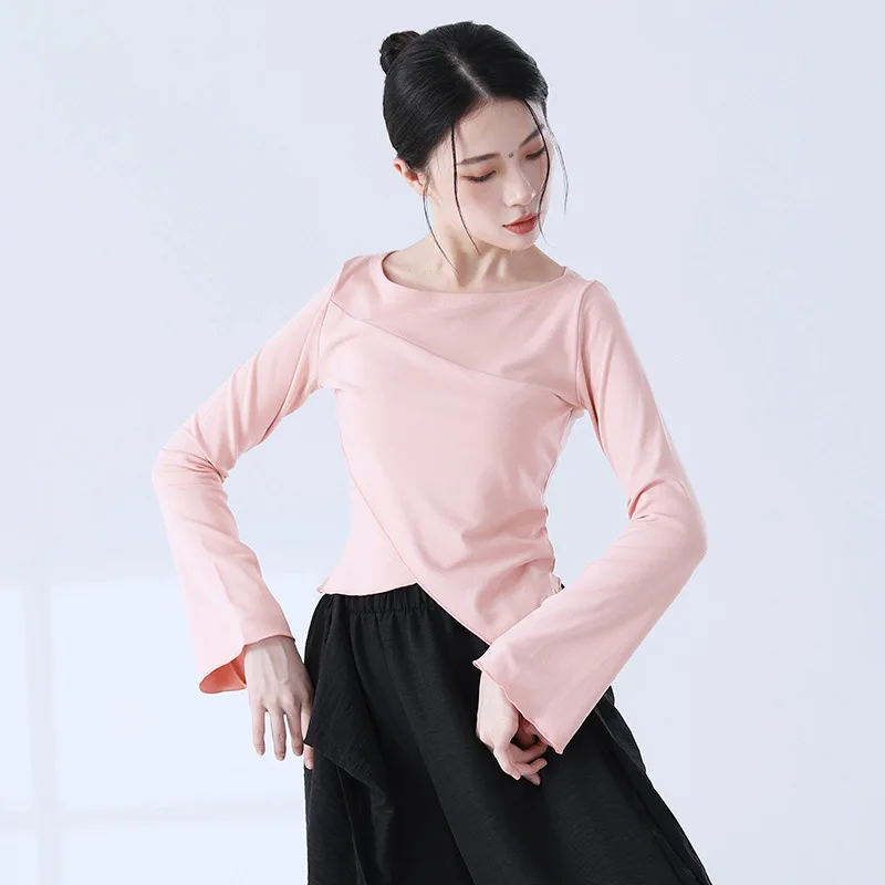 Women\'s Top Modern Dance Practice Clothes Flared Sleeve Solid Round Neck Shirt Irregular Hem Professional Ballet Performance Tee