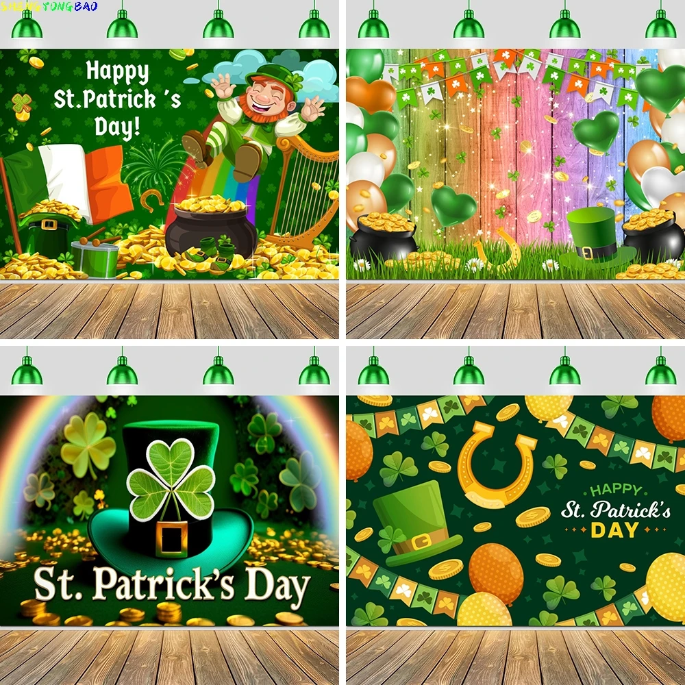 

Happy St. Patrick's Day Deco Background Irish Lucky Day Shamrock Green Hat St. Patrick's Holiday Party Photography Backdrop
