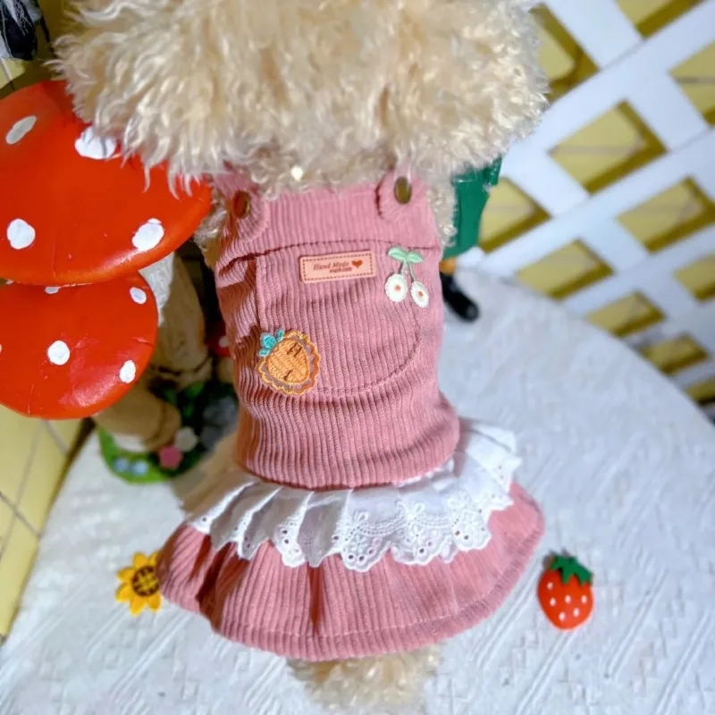 Cute Winter Pet Strap Skirt Cherry Thickened Corduroy Cat Dog Dresses For Small Dog Clothes Puppy Poodle Teddy Puppy Clothing