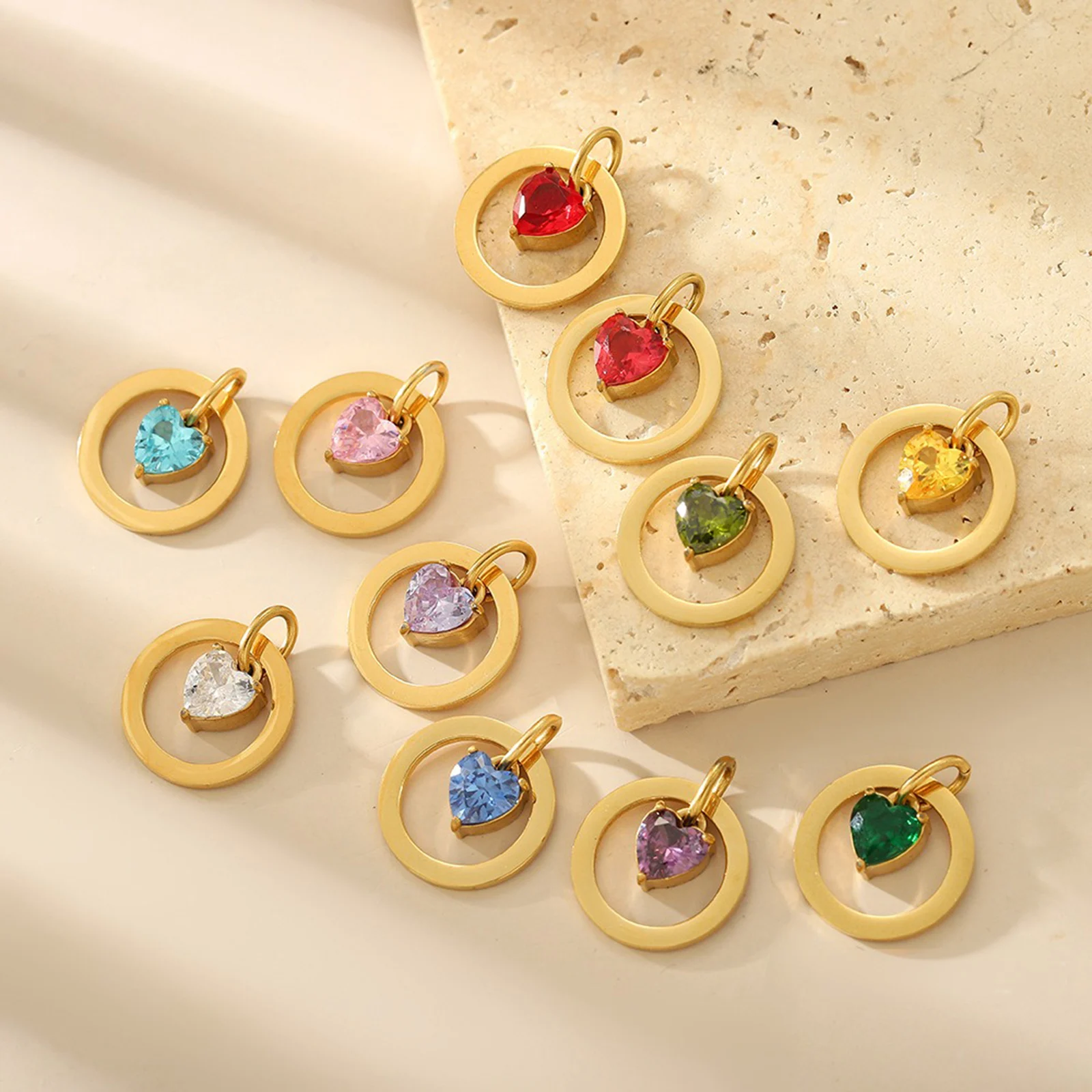 1PC 304 Stainless Steel Multicolour Cubic Zirconia Circle Heart Pendant Charms Ring Heart For DIY Keychains Neckalce 25mm x 15mm
