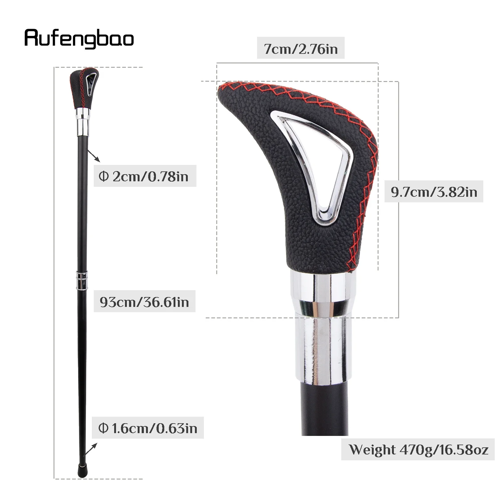 Black Red Leather Silver Walking Cane Fashion Decorative Walking Stick Gentleman Elegant Cosplay Cane Crosier 93cm