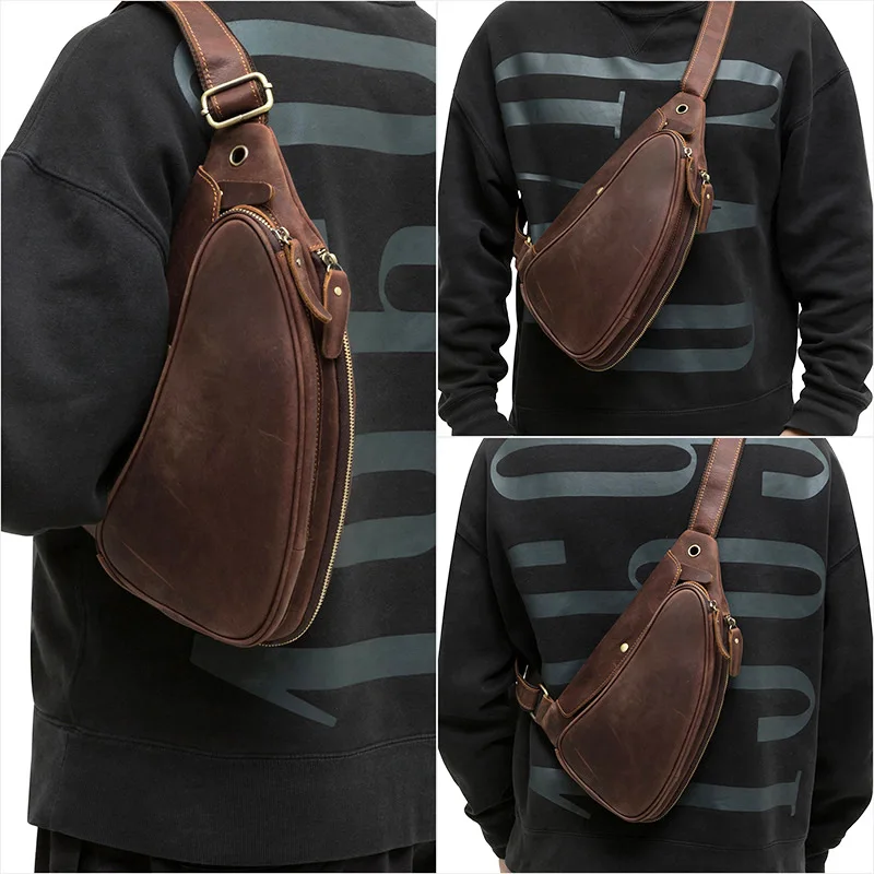 Handmade Men's Genuine Leather Cowhide Sling Chest Bag Retro Crossbody Fanny Pack with Adjustable Strap Casual Shoulder Bags