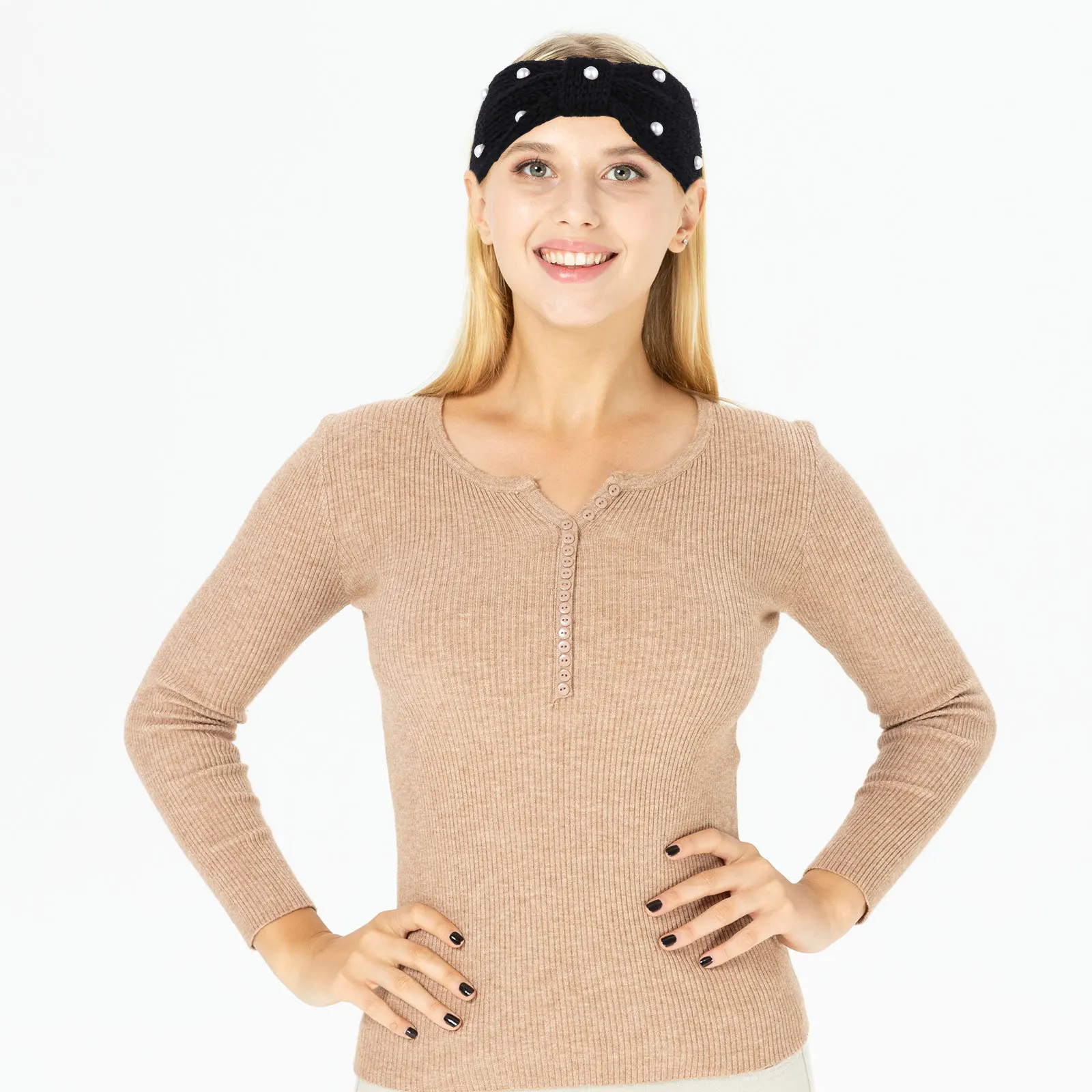 

4Pcs Pearl Embellished Knitted Headband for Women Bow Design Winter Warm Hair Band Female Fashionable Headwrap