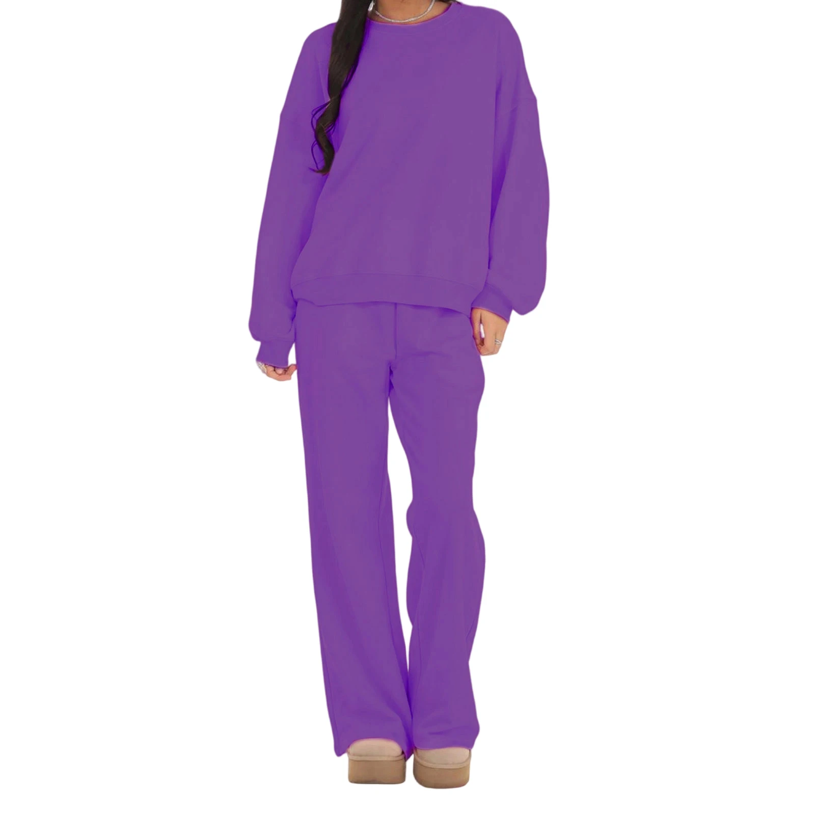 

2025 Women’s Soild Color Two Piece Outfits Long Sleeve Round Neck Sweatshirt and Straight Leg Pants Set Loungewear