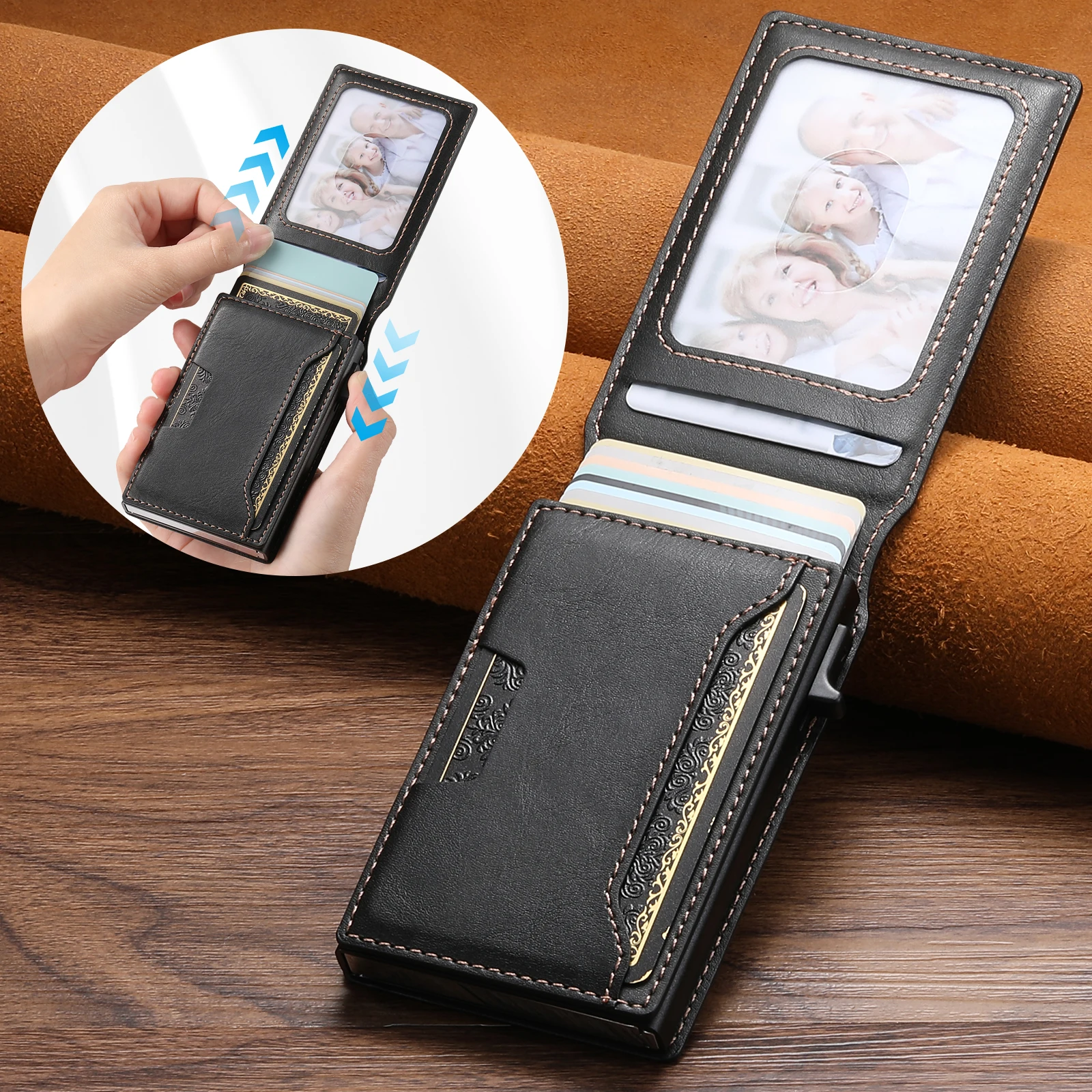SUTENI Kartensteckplatz, Brieftasche, Flip-Cover, Kartenbox aus Kunstleder, drückt den Knopf automatisch die Karte aus – Detail 13