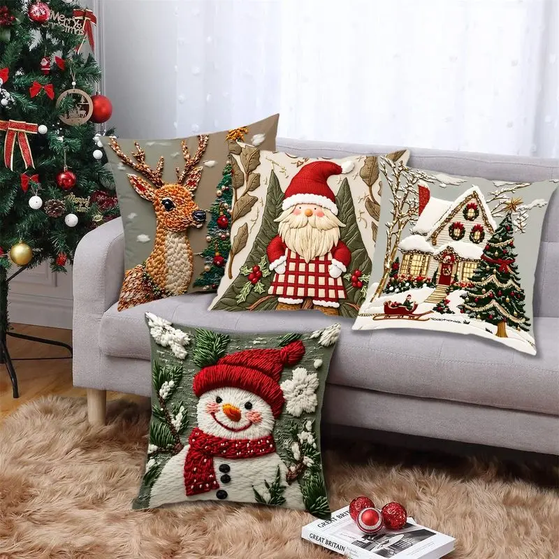 VIKAMA Faux Embroidery Christmas Pillow Cover Deer Santa Gnome Snowman Sleigh Cabin Cushion Case For Living Room Sofa Home Decor