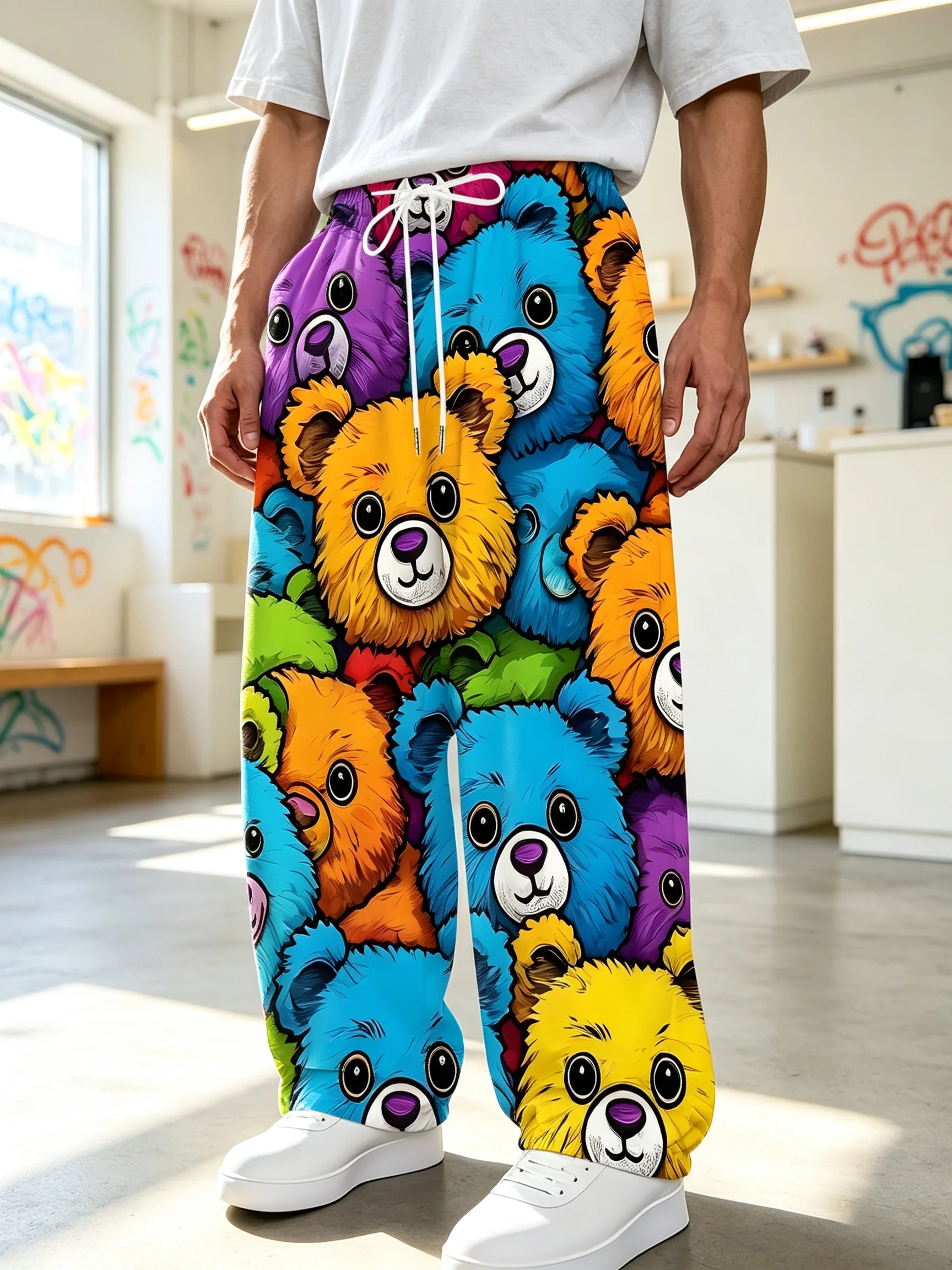 Men'S Casual Loose Pants, Colored Bear Head Cartoon Animal | Hip-Hop Style, All-Over Print, Slightly Stretchy Fabric