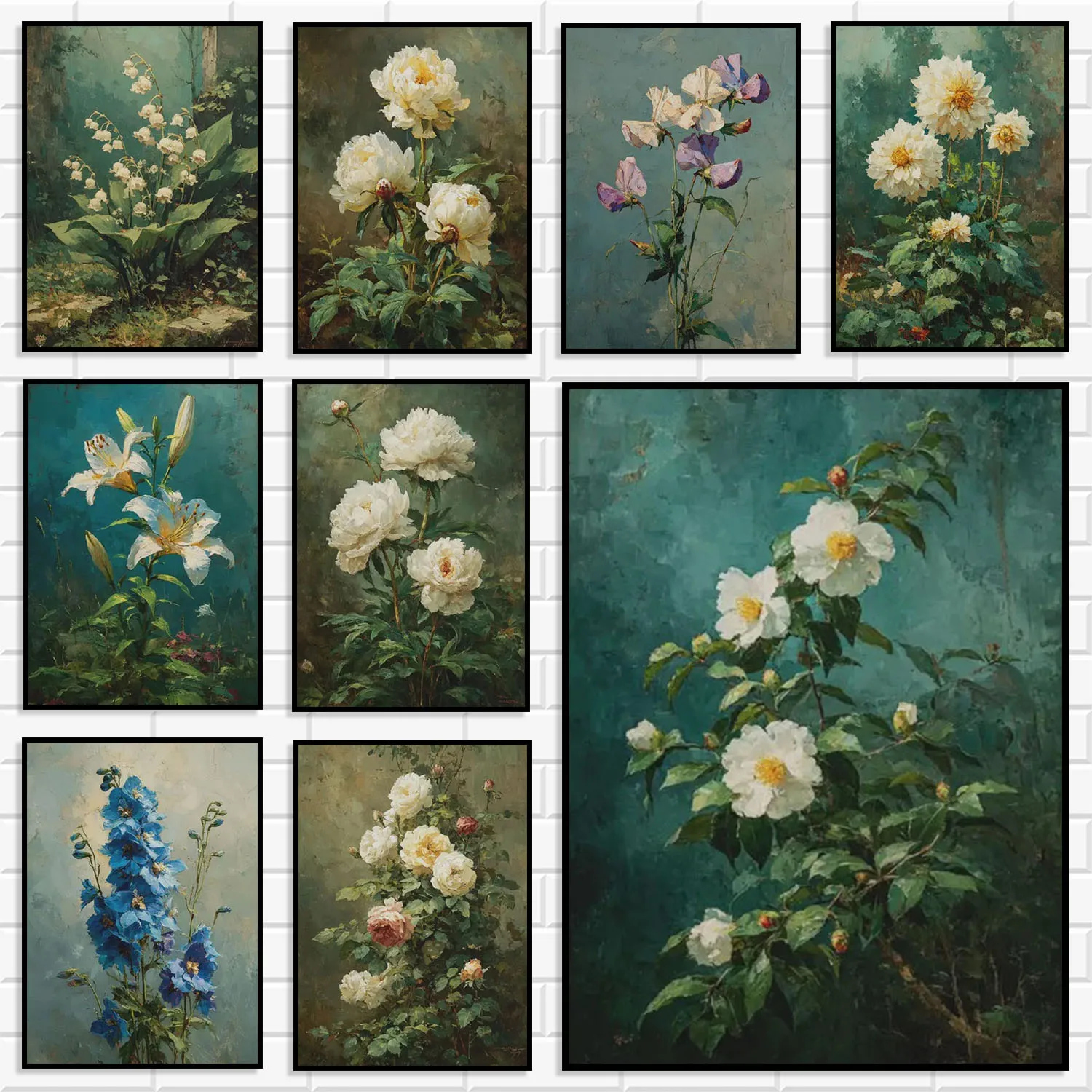 Retro Botanical Floral Wall Art Prints Set Vintage Peony Lily Wildflower Canvas Posters Antique Green Tone Flower Home Decor