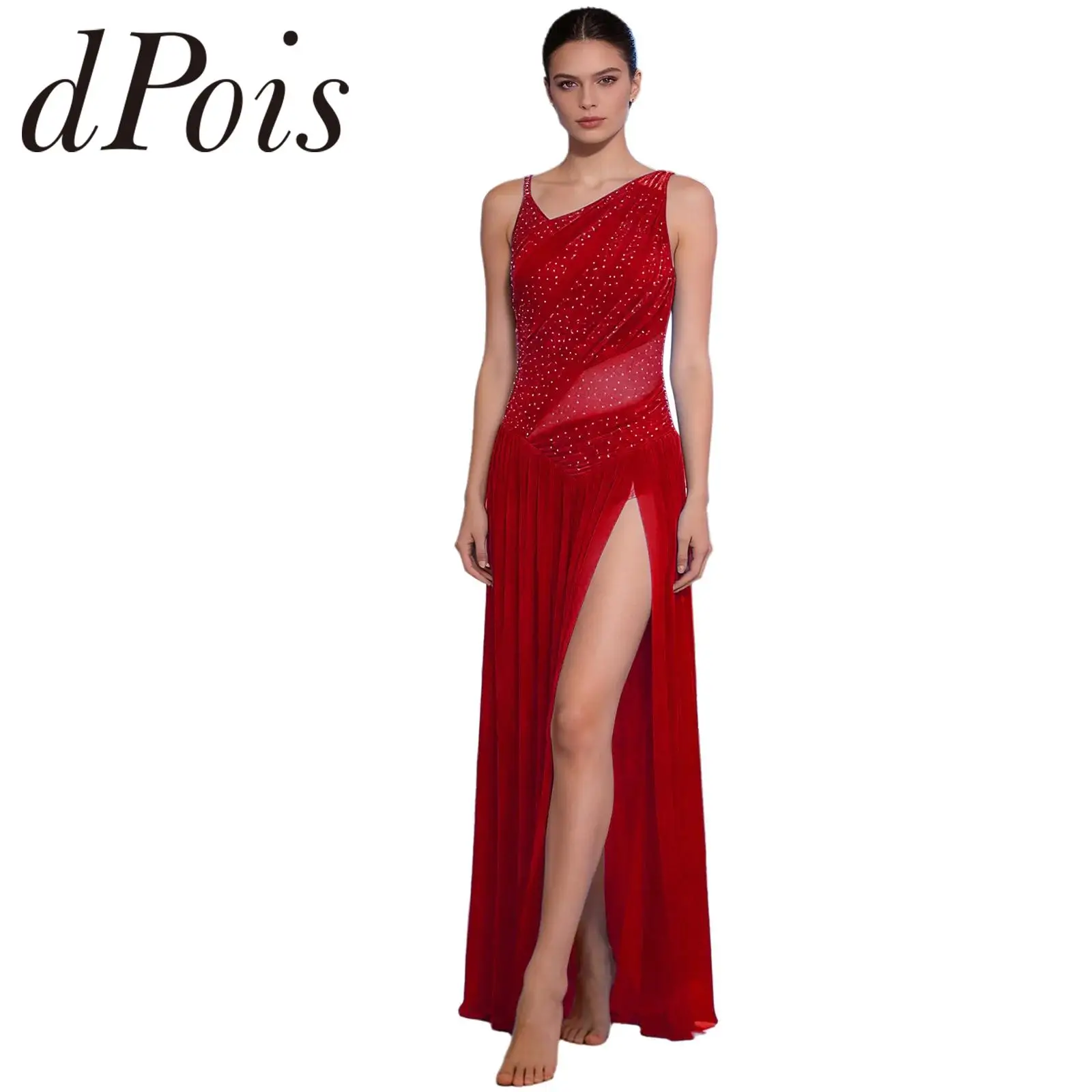 Women Lyrical Dancewear Adults Mesh Splice Modern Dance Costume Rhinestone Figure Ice Skating Dress Gymnastics Leotard Dress