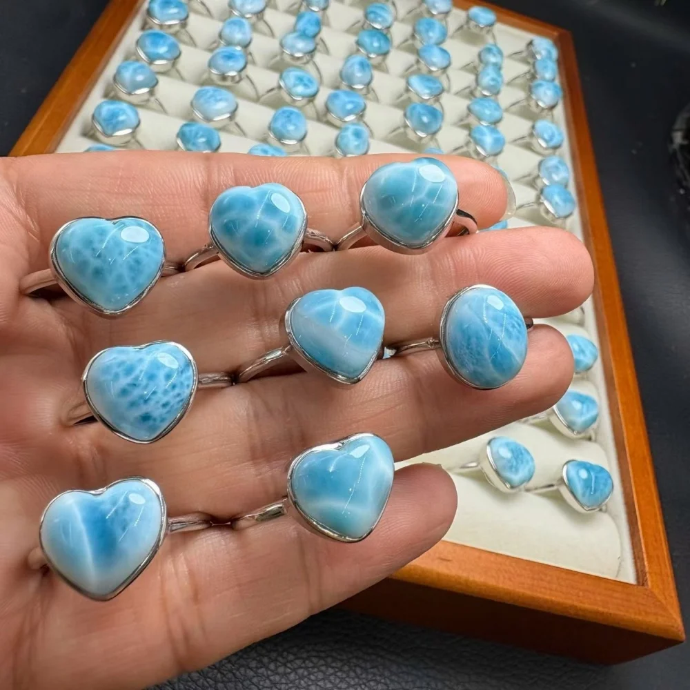 Natural Larimar Heart Ring for Women Trendy Gemstone Finger Charm Fashion Healing Jewelry Perfect Party Gift