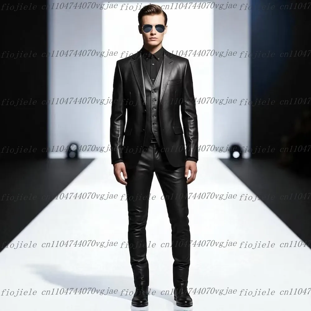

Черный кожаный мужской костюм для официальных мероприятий, свадеб, вечеринок, жениха, свидетеля, выпускного бала, мужской смокинг, индивидуальный пошив, комплект из 3 предметов: пиджак, жилет, брюки