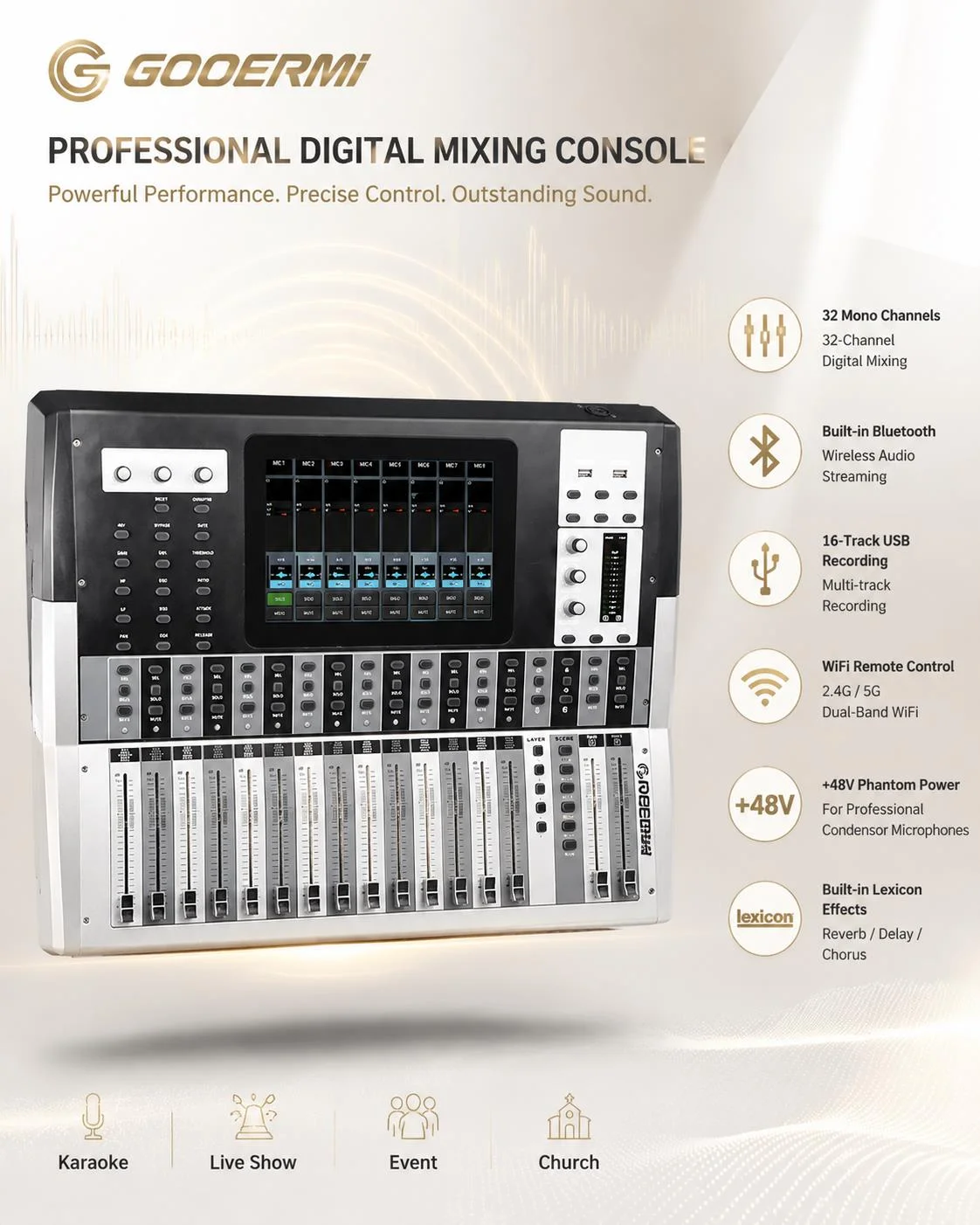 Mezclador de Audio Digital Gooermi DM32 de 32 Canales, Consola de Mezcla para DJ con Grabación USB para PC, con Alimentación Phantom de 48V para Estudio y Transmisión en Vivo