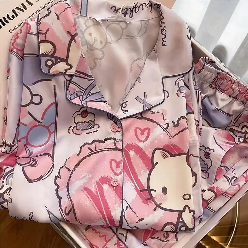 2026 New Cute Cartoon Hello Kitty Satin Sleepwear Set Women Short Sleeve Shorts Soft Comfy Summer Casual Fashion Home Loungewear view 5